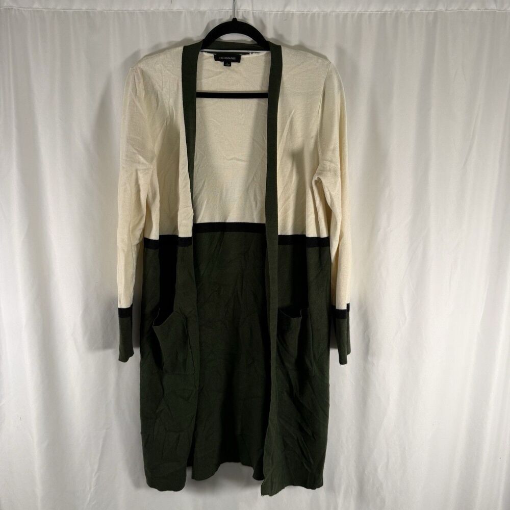 Calligraphie Cardigan Women's large White Green Long Pockets Open Front